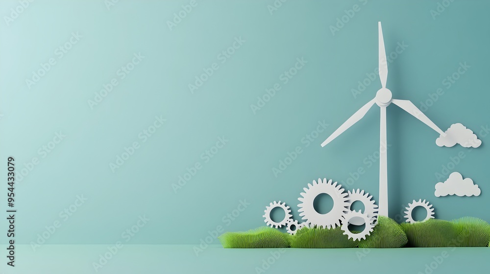 Poster windmill gears representing energy conversion engineering in paper cut style