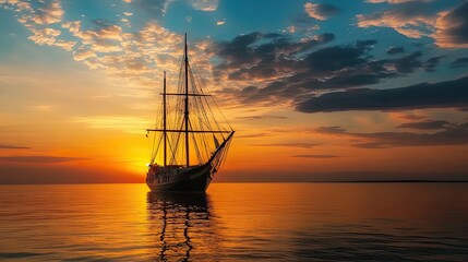 Silhouetted Sailboat at Sunset on a Calm Sea