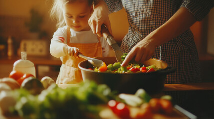 Mother and her child cooking a hearty vegetable soup together, chopping vegetables and stirring the pot as the kitchen fills with warm, comforting smells , Autumn season Soup Making concept image
