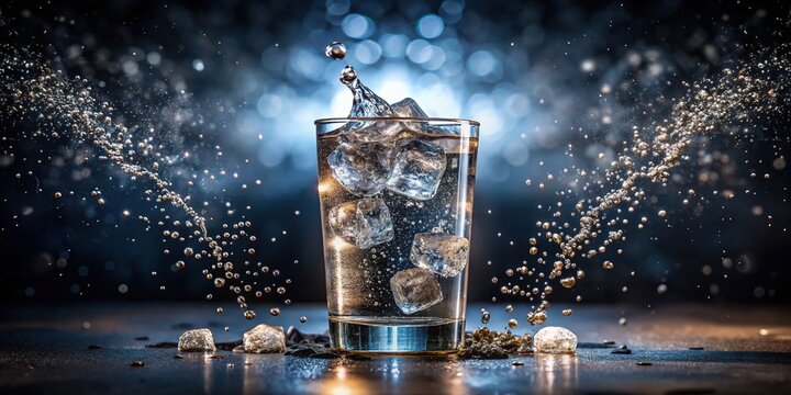 Sparkling silver fountain soda water splashes into a glass filled with ice, condensation dripping down, against a dark background with soft focus.