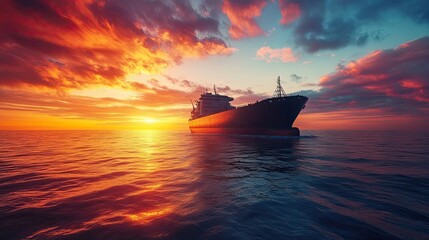 Fototapeta premium Cargo Ship Silhouetted Against Dramatic Sunset Over Ocean