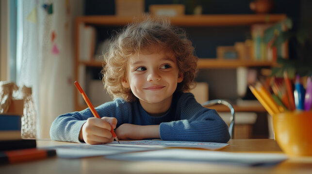 Portrait of a young caucasian boy kid sitting at the dining table doing homework, math problems with a smile