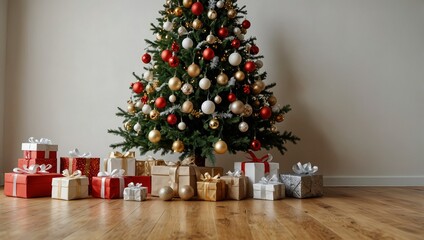 Big beautiful christmas tree decorated with beautiful shiny baubles and many different presents on wooden floor. White wall background with a lot of copy space for text. Close up