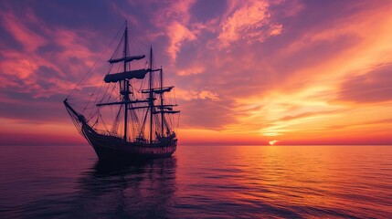 Obraz premium Silhouetted Sailing Ship at Sunset Over Calm Water