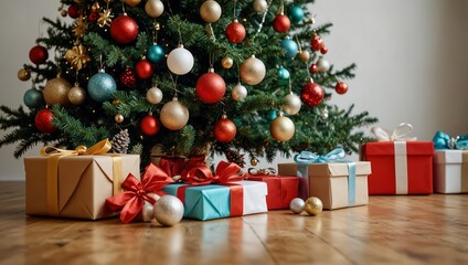 Big beautiful christmas tree decorated with beautiful shiny baubles and many different presents on wooden floor. White wall background with a lot of copy space for text. Close up