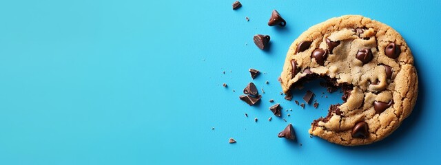  A chocolate chip cookie, bite taken, against a blue backdrop - one chunk missing