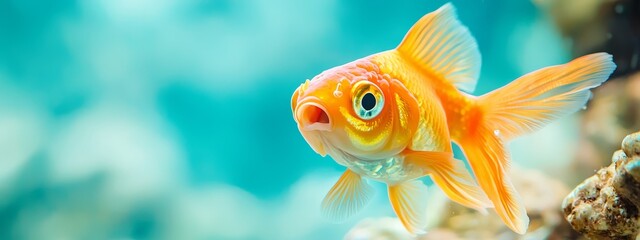 Fototapeta premium A tight shot of a goldfish swimming against clear aquarium water Behind it, a blue sky is dotted with fluffy clouds