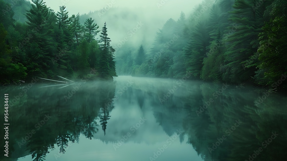 Poster tranquil river flows through a dense evergreen forest, shrouded in a thick layer of morning fog. the