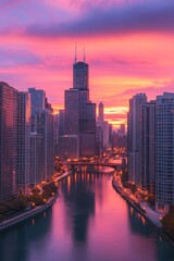 Fototapeta premium Calm Reflections ofDusk City SkylineSoft Pastel Colors and Winding River