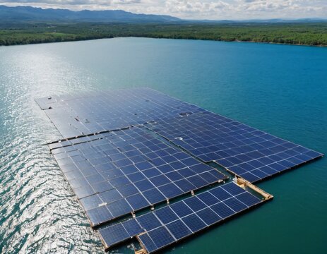 Aerial top view or hydro-floating solar hybrid of solar cells floating on the water in solar power station, solar photovoltaic, hydroelectric dam, alternative renewable energy. Ai generated image