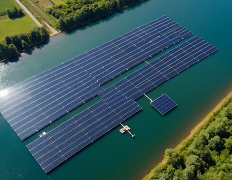 Aerial top view or hydro-floating solar hybrid of solar cells floating on the water in solar power station, solar photovoltaic, hydroelectric dam, alternative renewable energy. Ai generated image