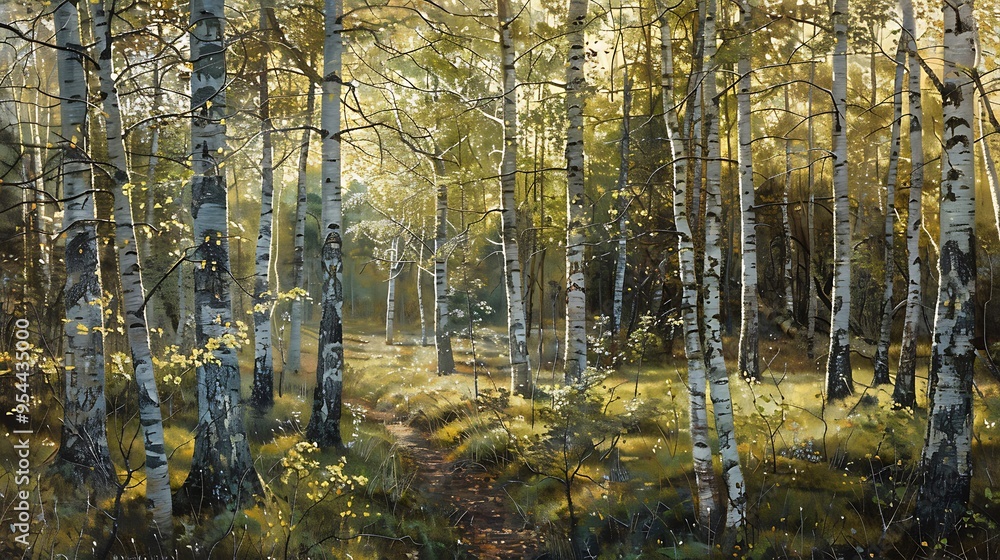 Poster path leads through a birch forest, sunlight filtering through the trees, casting dappled shadows on 