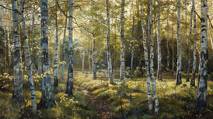 Fototapeta premium Path leads through a birch forest, sunlight filtering through the trees, casting dappled shadows on the ground.