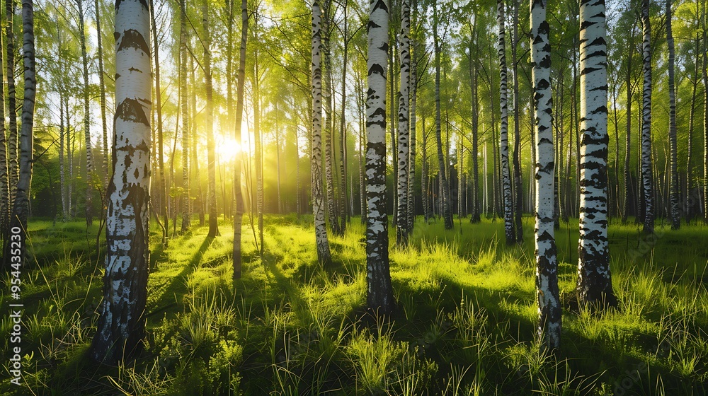 Poster sunlight filters through a beautiful birch forest, illuminating the green foliage and dappling the f