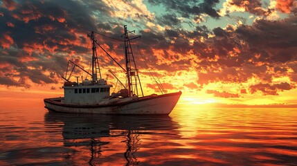 Fototapeta premium A fishing vessel sits on calm waters beneath a dramatic sunset.