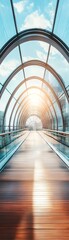 Fototapeta premium Modern glass tunnel bridge with wooden floor, leading lines, bright sunlight, wideangle, futuristic and architectural