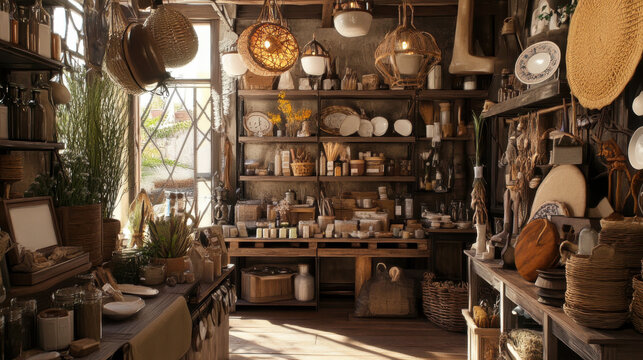 Photorealistic close-up of a local artisan shop, showcasing handcrafted items and a rustic,