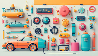 Colorful Cartoon Car Parts and Objects  D Illustration