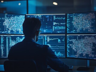 Fototapeta premium Professional analyzing data on large screens, dimly lit room, blue hues, midshot, focused and analytical