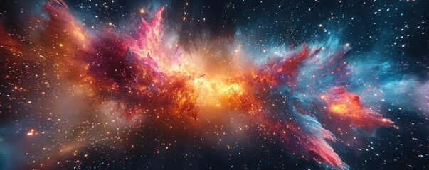 Fototapeta premium Abstract cosmic explosion, with digital fragments and vibrant colors, digital art, 3D illustration