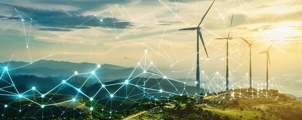 Wind turbine field powering digital growth chart amid tax forms showcasing renewable energy s fiscal benefits