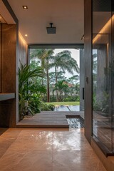 Obraz premium Refreshing Luxury inContemporary BathroomGarden View and Walk-In Shower