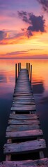 Sunset over a lake, wooden pier leading into the horizon, vibrant orange and purple sky, calm waters, wide shot, tranquil and reflective