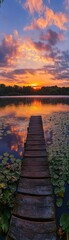 Naklejka premium Sunset over a lilycovered lake, wooden pier leading into the distance, vibrant sky, panoramic view, tranquil and serene