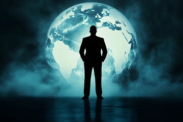 A man stands in front of a large globe, looking out into the distance