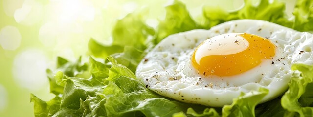  A single egg atop a bed of green lettuce, covered in leafy verdant leaves
