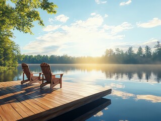 Wooden dock with Adirondack chairs by a calm lake, bright midday sun, wide shot, peaceful and relaxing atmosphere