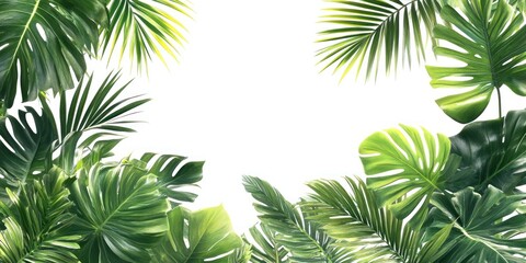Lush Green Tropical Leaves Frame a White Background