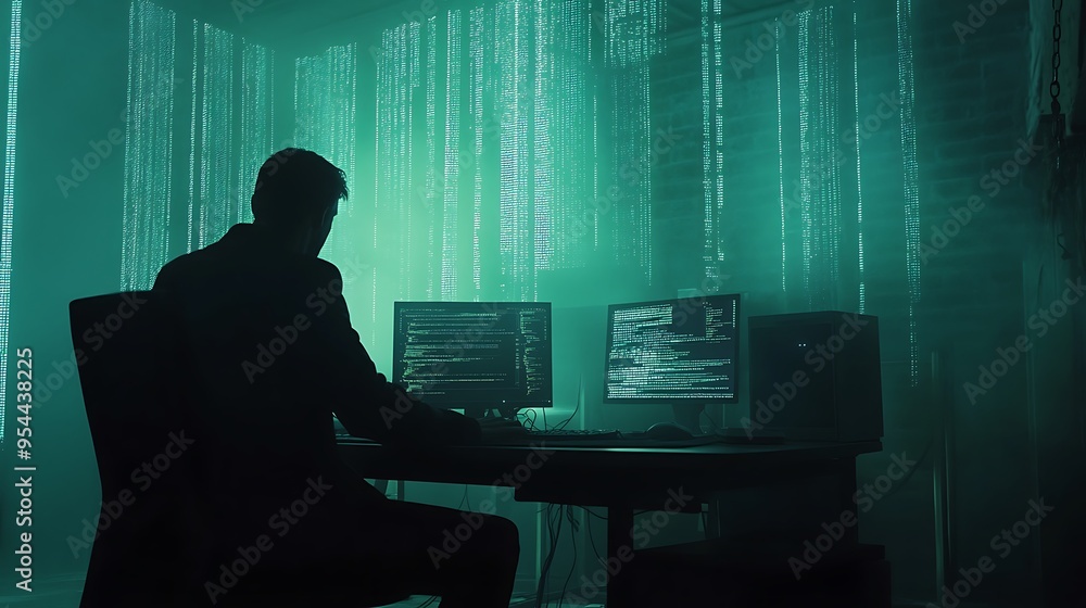 Aufkleber hacker in a dark room with green code
