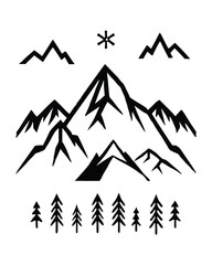 Editable stroke vector of a mountain range with a snowflake and fir trees.