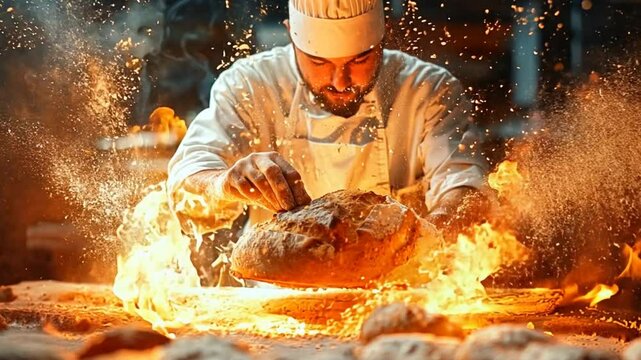 A man is making bread in a bakery