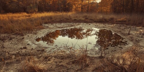 Naklejka premium Dried up pond in the wilderness of virgin nature