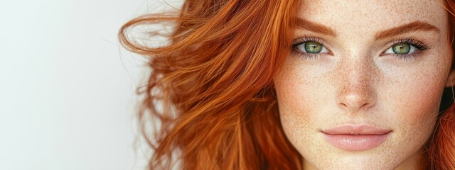 Obraz premium A tight shot of a woman with freckles dotting her face and hair gazes into the camera