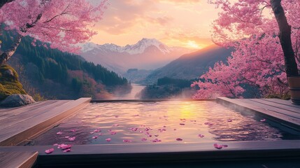 Serene Hot Spring Bath with Mountain Views and Sakura Petals
