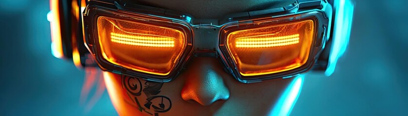 Cyberpunk hacker character, with glowing glasses, neon tattoos, and futuristic gadgets, 3D illustration