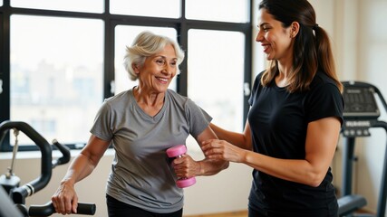 Happy Senior Indian Woman Engages in Fitness Training with Coach Support