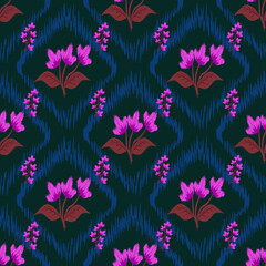 Ikat seamless floral pattern hand drawn , Motif ethnic  floral seamless textil,  embroidery, print striped ornament floral, pattern, design for wrapping, silk, scarf, background, textile