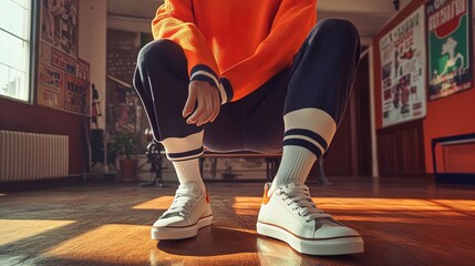 Fototapeta premium Elevate Your Space: Bold Orange Knit Sweater with Classic Stripes - Perfect Poster for Retro Gym Decor Featuring Vintage Vibes and Sporty Style!