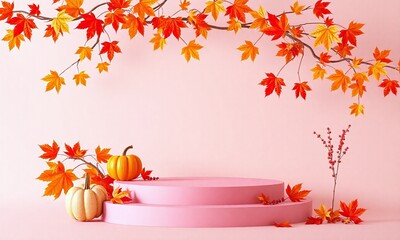 Empty product podium in pink and orange colors with autumn decor of decorative pumpkins