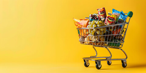 Close-up photography of a Supermarket Shopping Cart or Basket Full of Grocery Products Floating Fresh Fruits and Vegetables on a Lively Landscape Yellow Background. Huge Copy Space