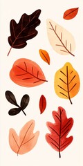 Obraz premium Watercolor paper texture sticker design pastel colors simple lines vibrant autumn leaves oak maple and birch leaves scattered soft light and shadows orange yellow red palette