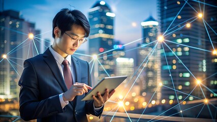 Fototapeta premium Business asia professional using a tablet to explore digital data connections at night in an urban setting