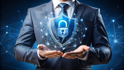  Protection network security computer and safe your data concept, businessman holding shield protect icon, lock symbol, concept of security, cybersecurity and protection 
