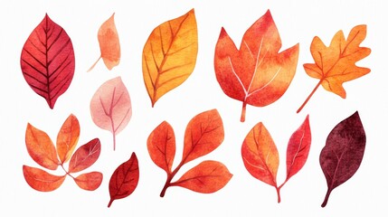 Obraz premium Watercolor paper texture sticker design pastel colors simple lines vibrant autumn leaves oak maple and birch leaves scattered soft light and shadows orange yellow red palette