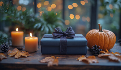 October and Halloween themed present boxes with orange pumpkin and romantic candle lights on wooden table, creating a cozy and festive atmosphere