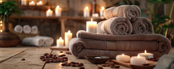 A serene spa setting featuring rolled towels, candles, and coffee beans for a calming atmosphere of relaxation and rejuvenation.